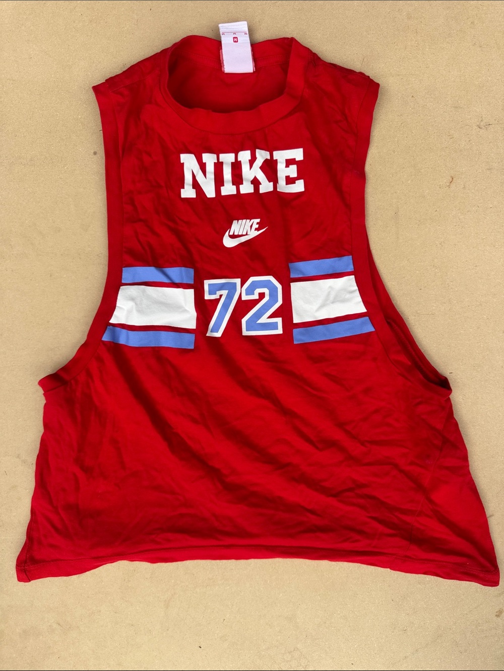 Nike Red Graphic Tank with White Logo and Blue Accents